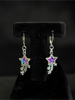 Silver Star Dangle Earrings with AB Purple Blue Accents